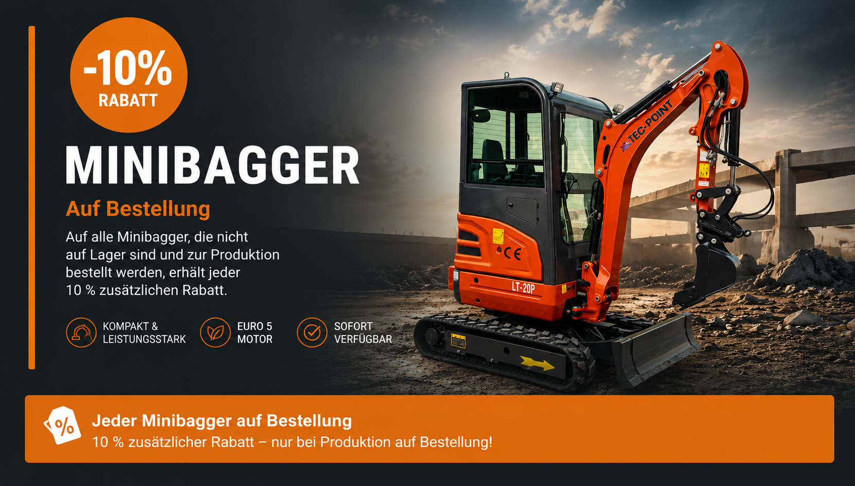 Minibagger auf Bestellung — 10 % zusätzlicher Rabatt